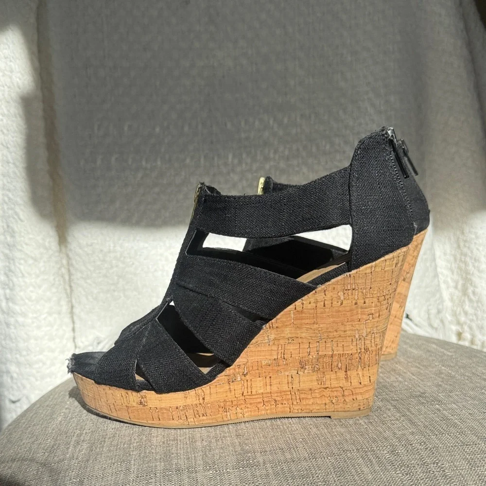 Soda Black Wedge Sandals with Cork Heel